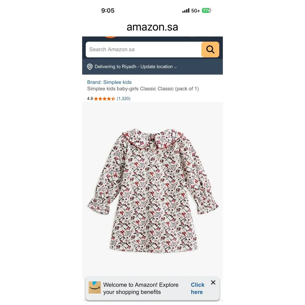 Girls Floral Berry Print Smocked Cotton Dress Peter Pan Collar Size 110 (5T)